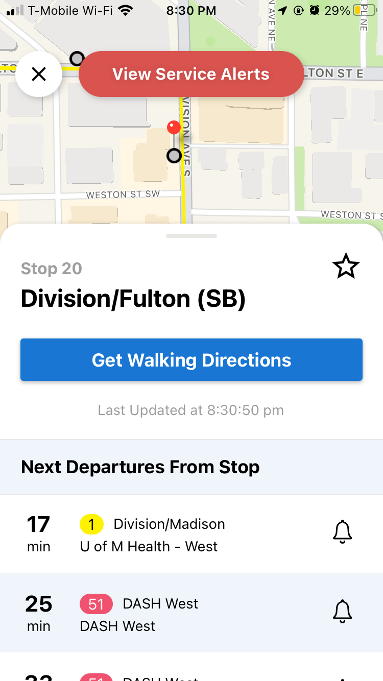 Screenshot of the My Stop mobile app