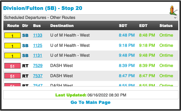 Screenshot of the a bus stop's real-time schedule webpage
